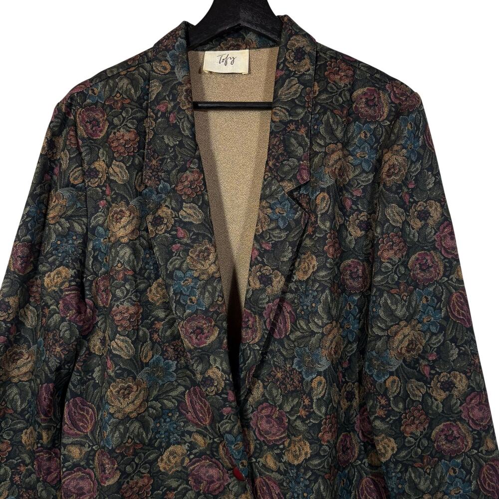 Vintage Floral Blazer, 1980s Jewel Tone Print Jacket Black Green Plum 12 USA - Picture 3 of 10